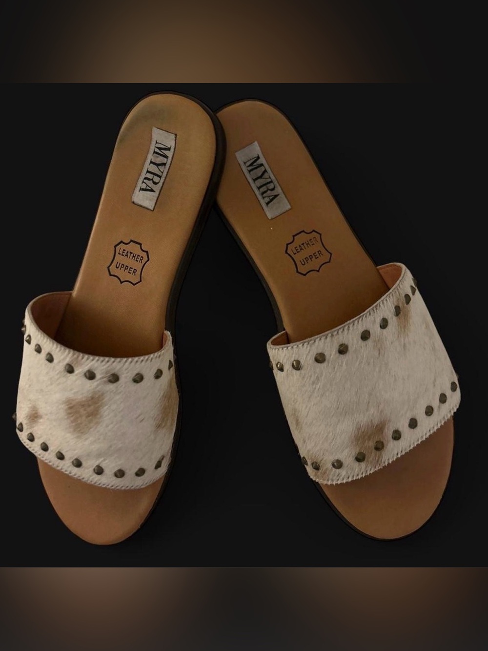 Like New Myra Bag White and Brown CalfHair Studded Slide Sandals